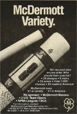 McDermott Cues advertisement in the late 1980s