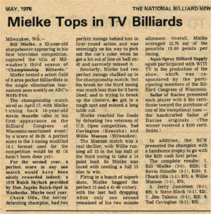 Mielke tops Stanelle in televised Championship Billiards 1976