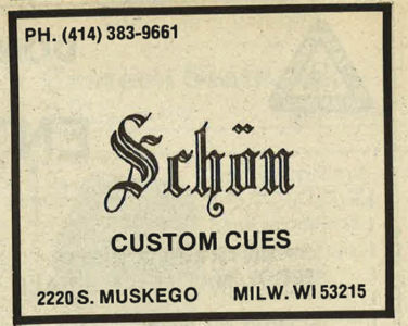 Schon custom cue ad in the 1980s