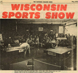 Willie Munson at the Sports Show featured in the 1975 Billiards News publication