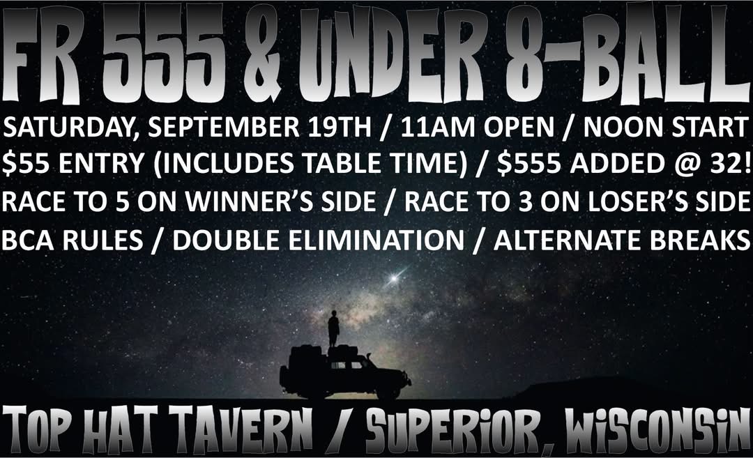 Singles 8-ball, Max 555 at Top Hat tournament flyer