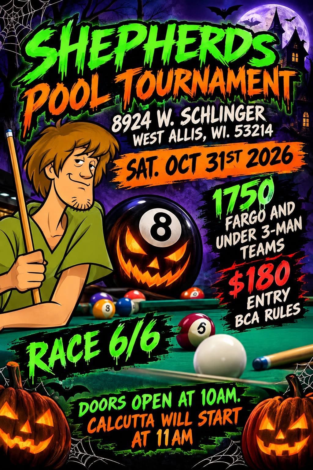 3-Person 8-ball, Max 1750 at Shepherds tournament flyer