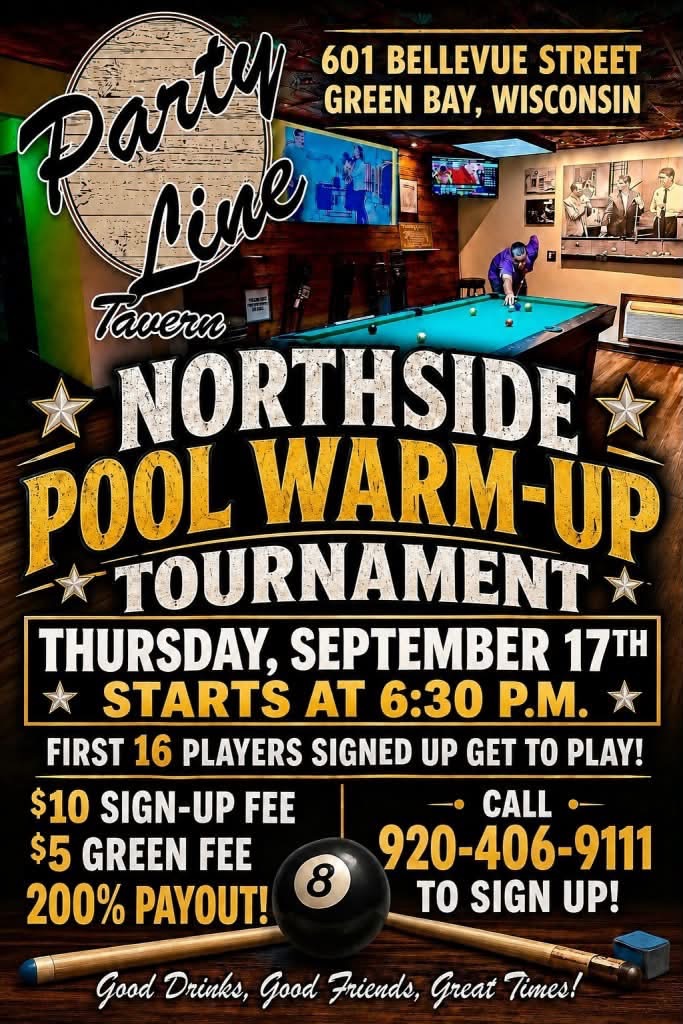 Singles 8-ball at Party Line tournament flyer
