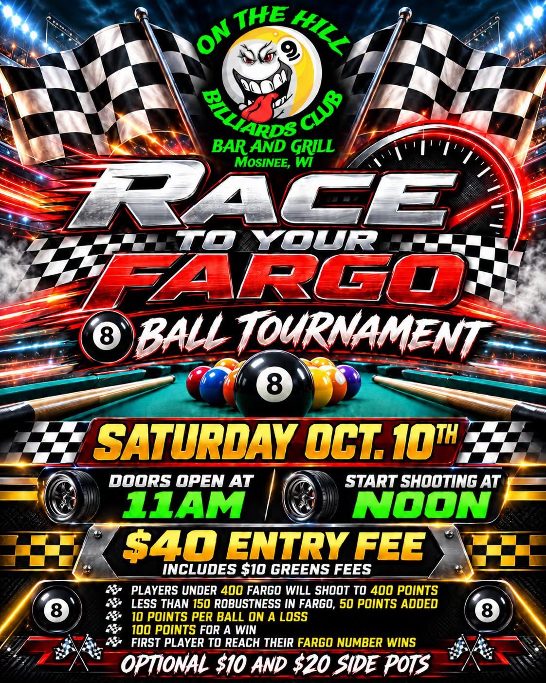 Singles 8-ball at On the Hill tournament flyer
